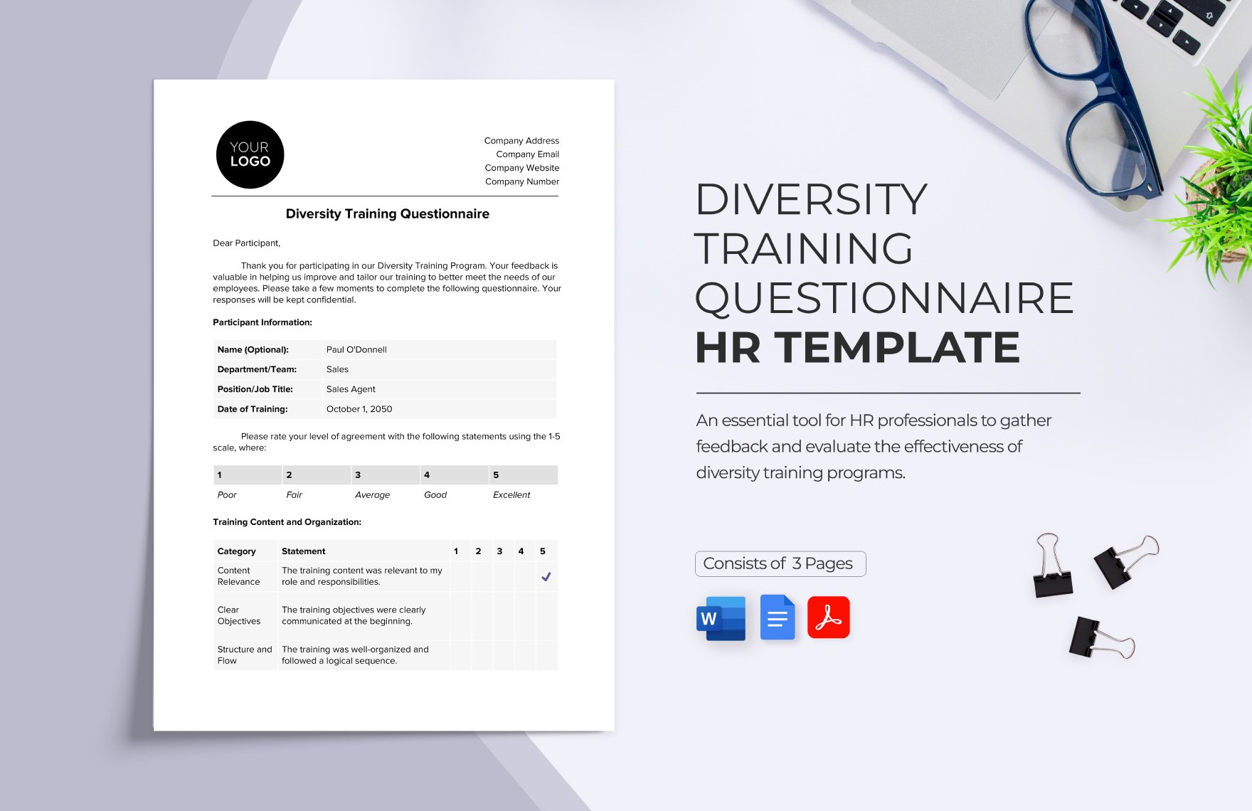 Diversity Training Questionnaire HR Template in Word, Google Docs, PDF