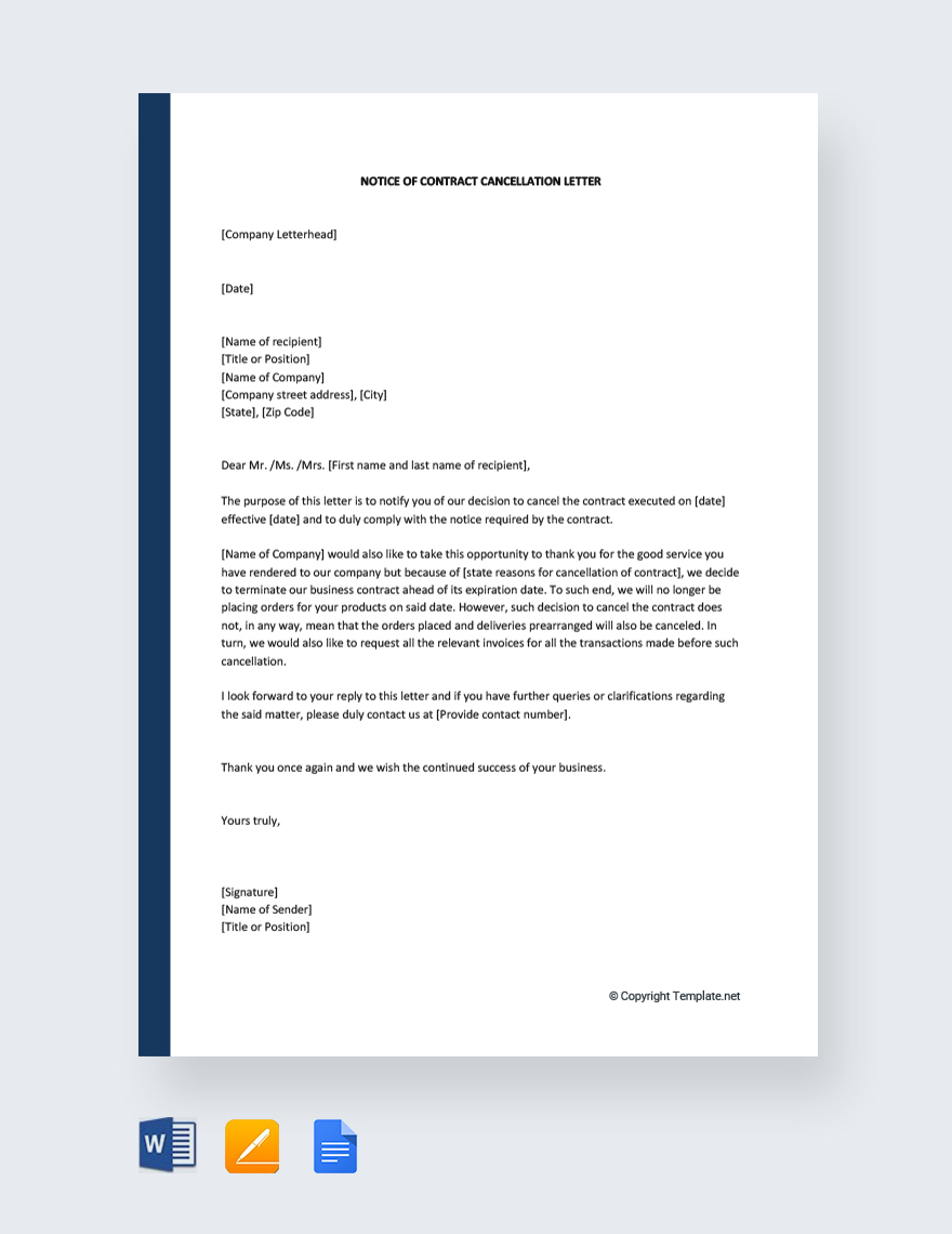 Notice Of Contract Cancellation Letter in Google Docs, Word, Pages, PDF - Download | Template.net