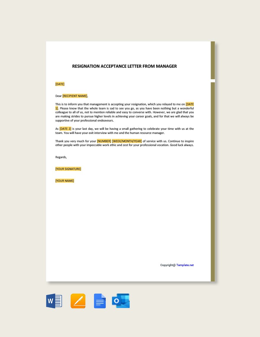 Resignation Acceptance Letter From Manager Template