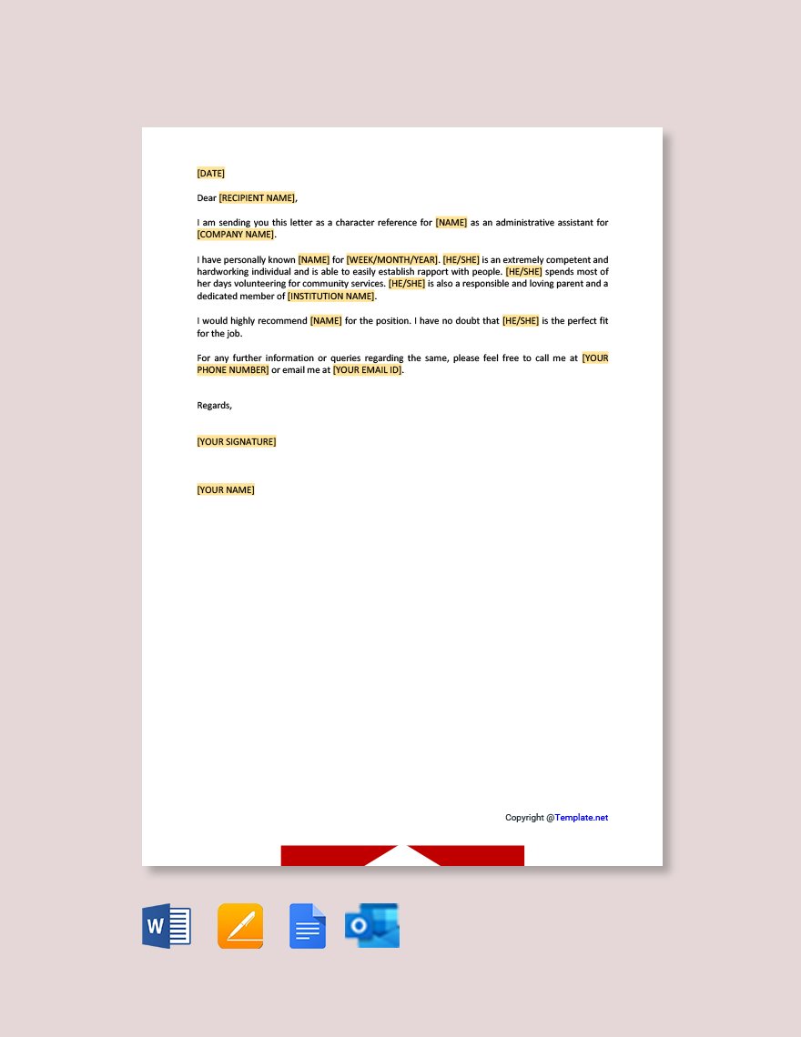 Character Reference Letter for Administrative Assistant Template