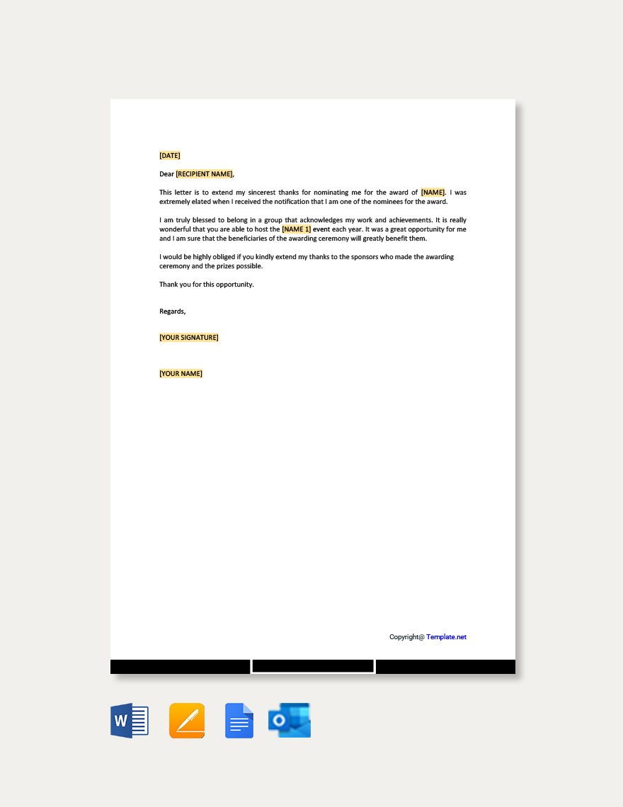 Thank You Letter For Award Nomination Template