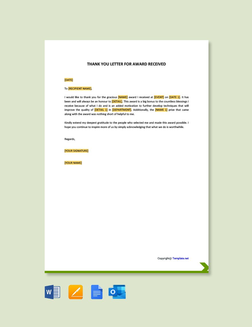 Free Thank You Letter For Award Received Template