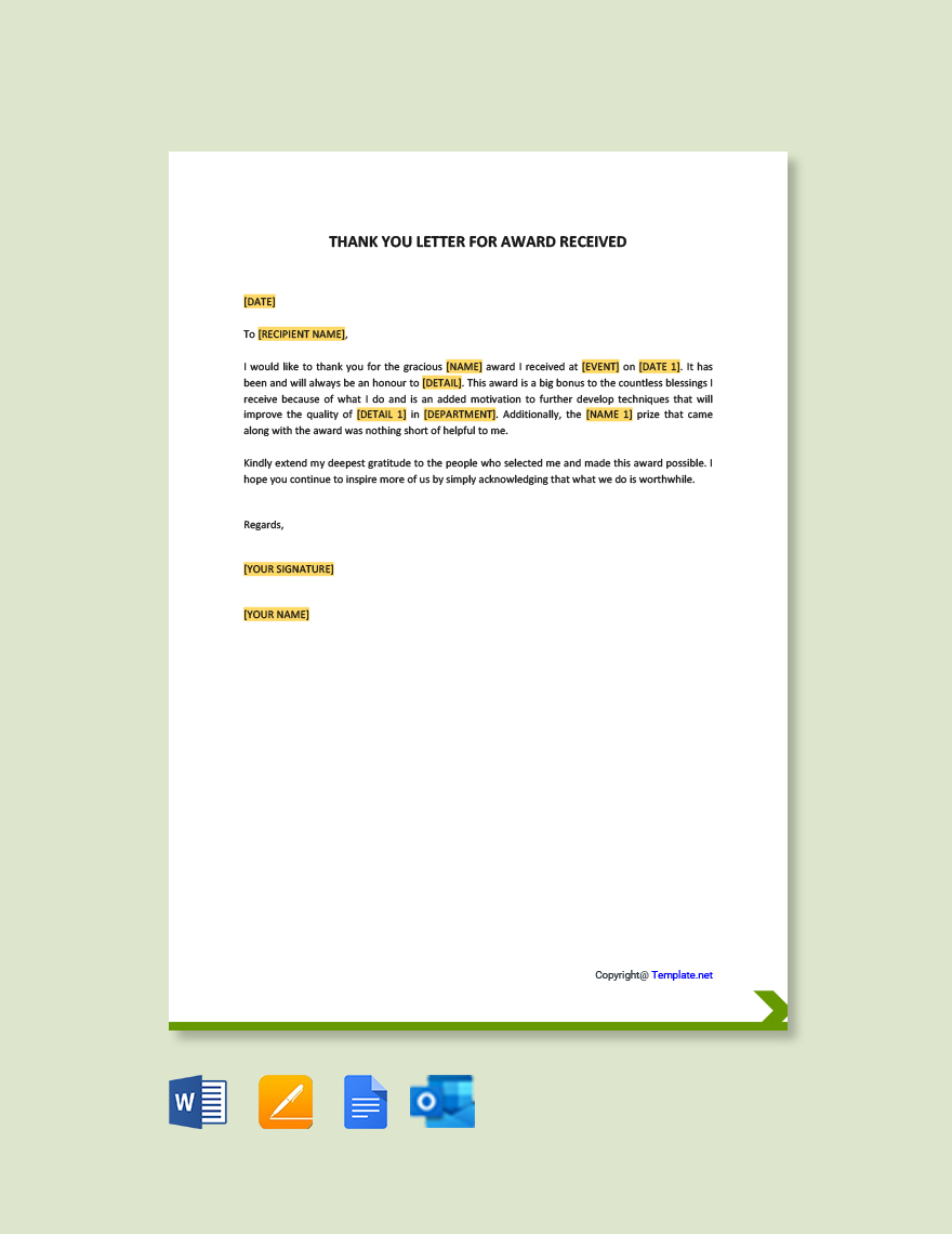 Thank You Letter For Award Received in Word, Google Docs, PDF, Apple Pages, Outlook