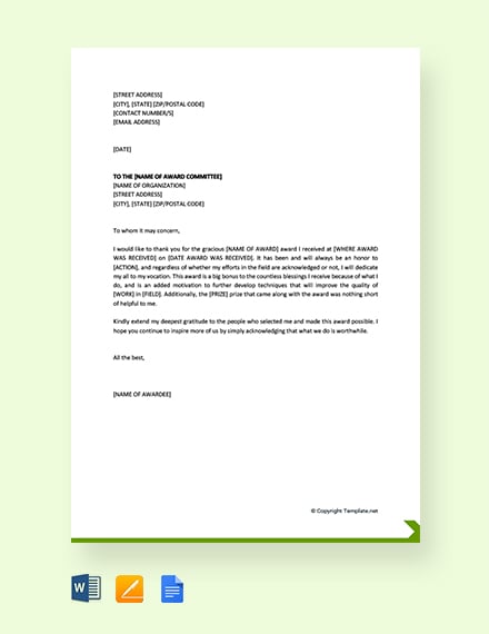 FREE Letter Template of Recommendation for Award - PDF | Word | Google ...