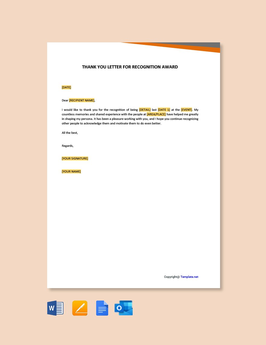 Thank You Letter For Recognition Award Template