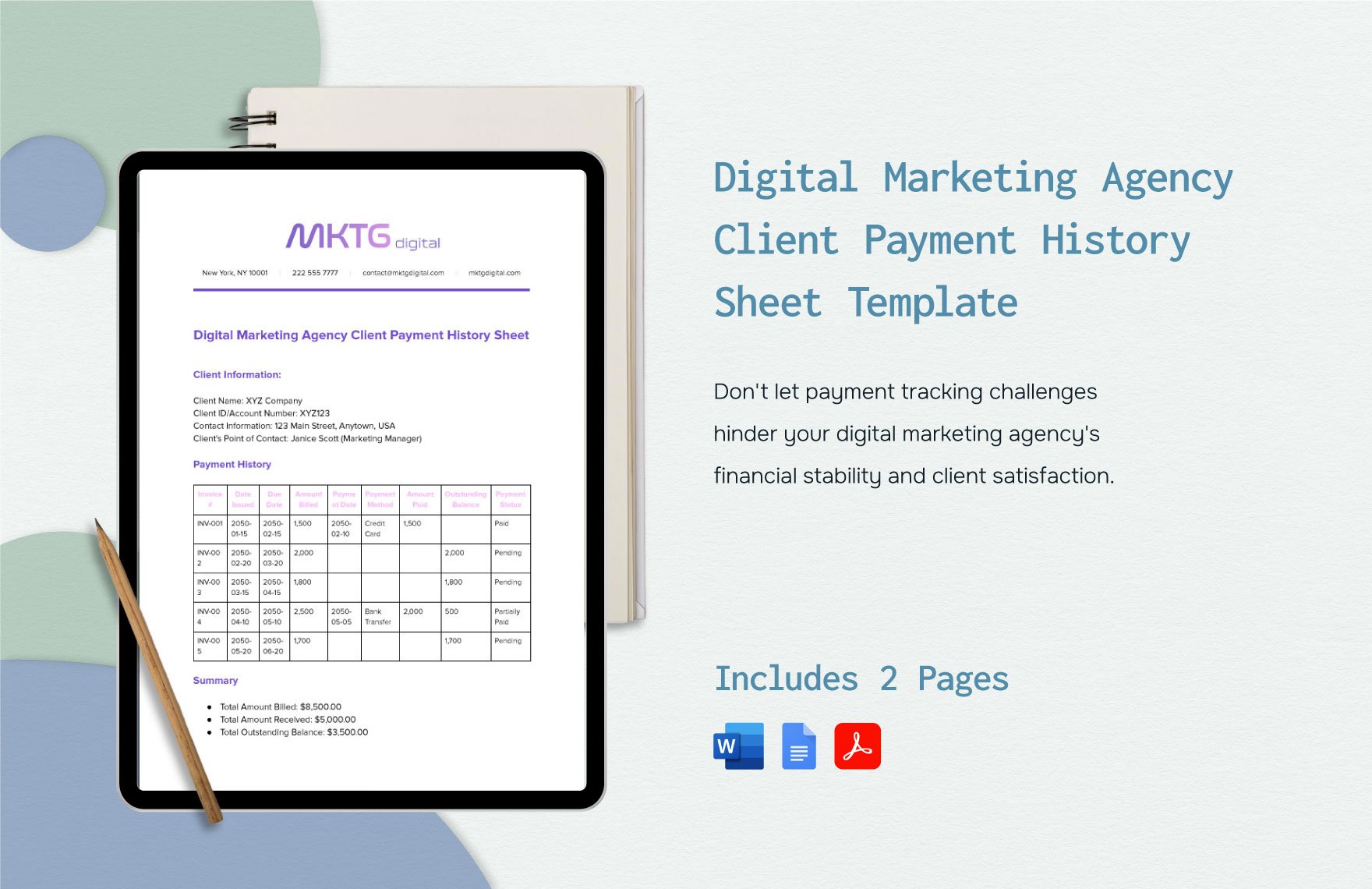 Digital Marketing Agency Client Payment History Sheet Template