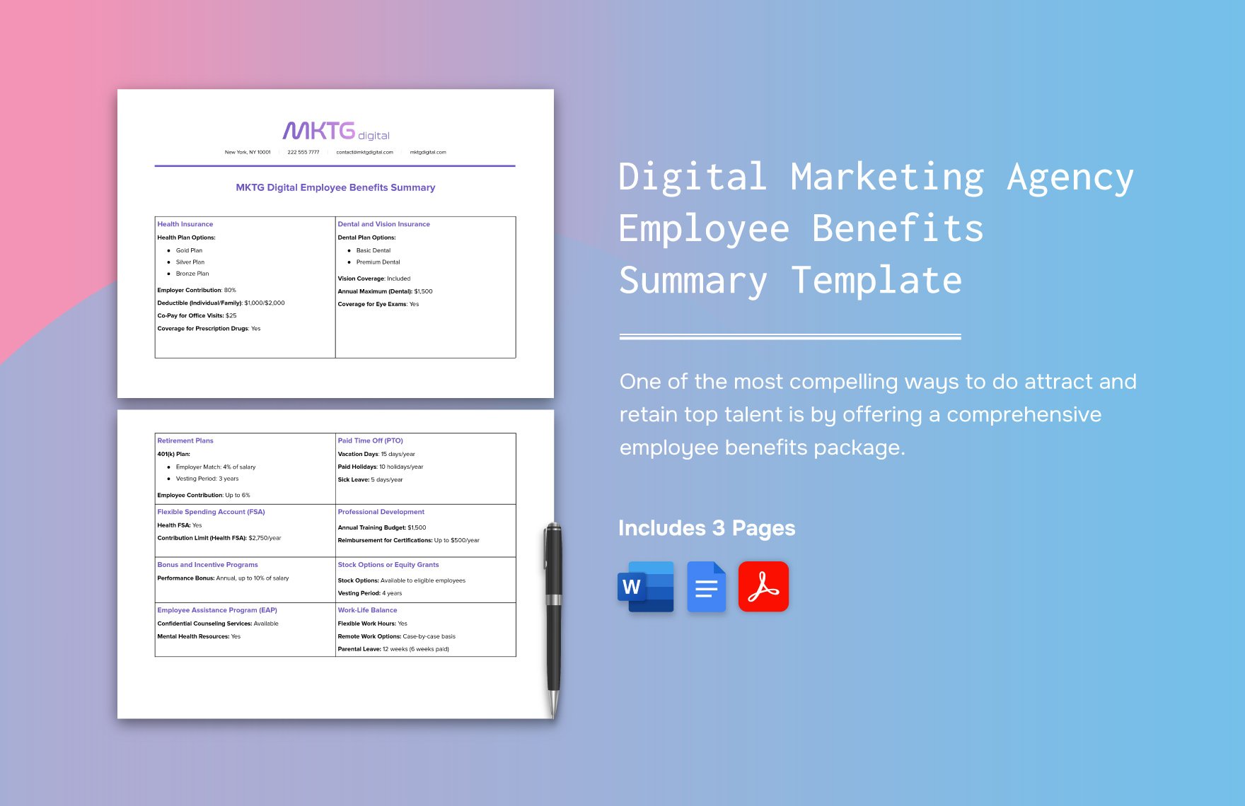 Digital Marketing Agency Employee Benefits Summary Template