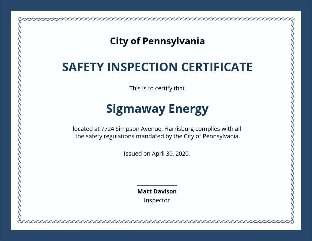 Safety Certificate Template Illustrator, InDesign, Word, Apple Pages