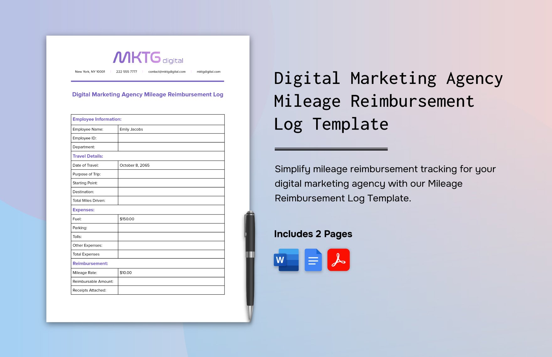 Digital Marketing Agency Mileage Reimbursement Log Template