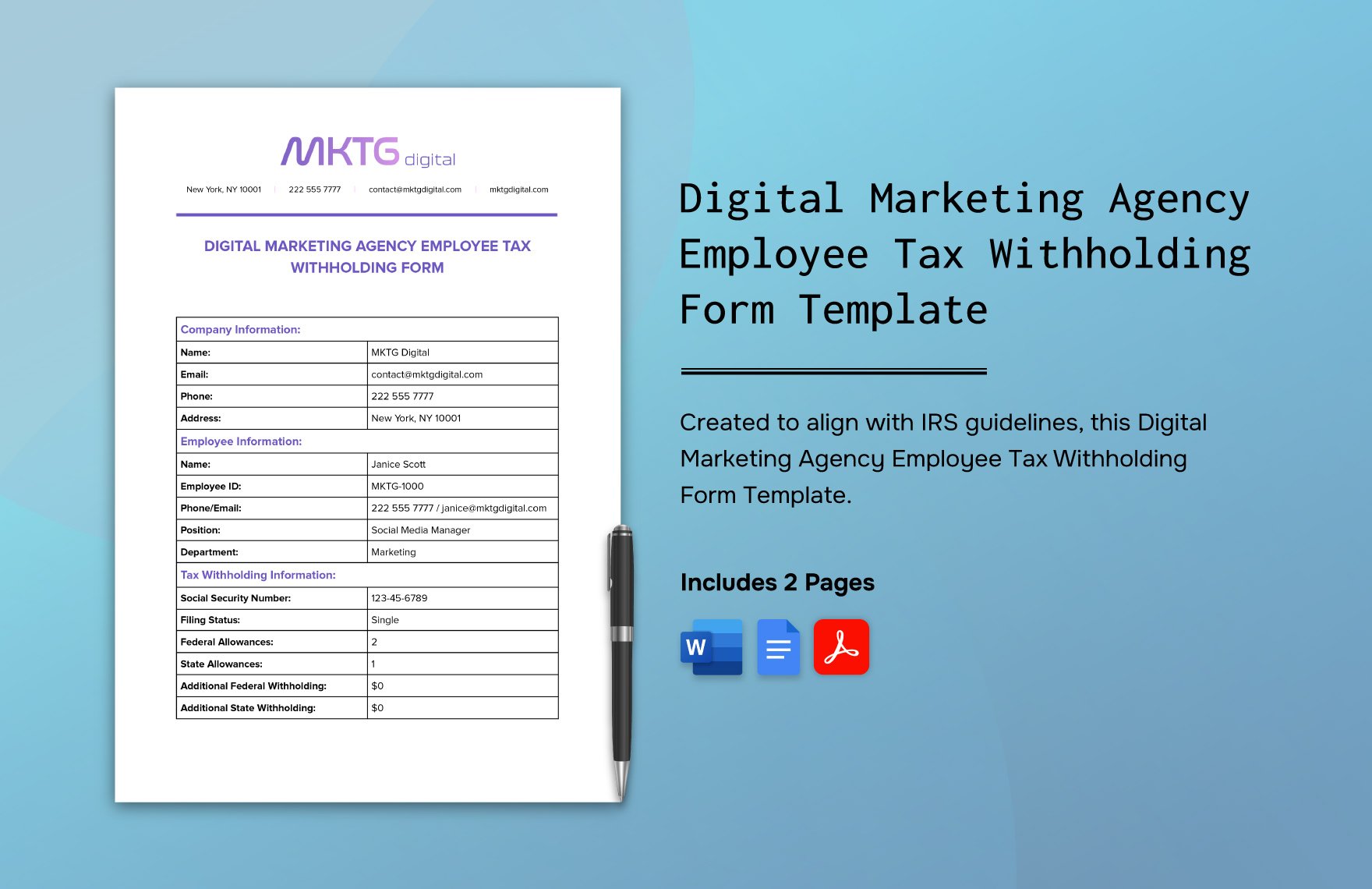 Digital Marketing Agency Employee Tax Withholding Form Template in Word, Google Docs, PDF
