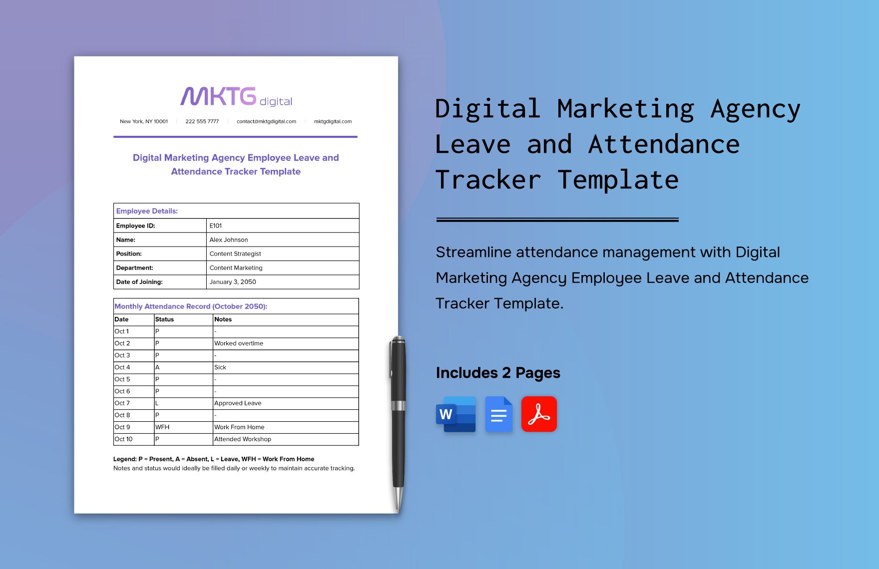Digital Marketing Agency Employee Leave and Attendance Tracker Template