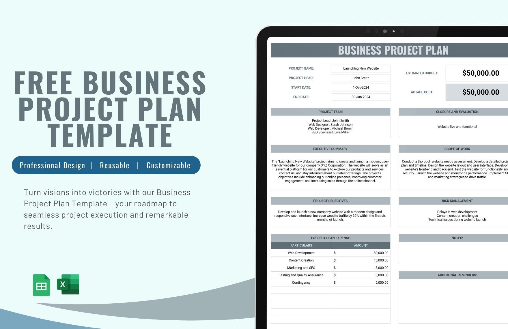 Free Business Project Plan Template in Excel, Google Sheets