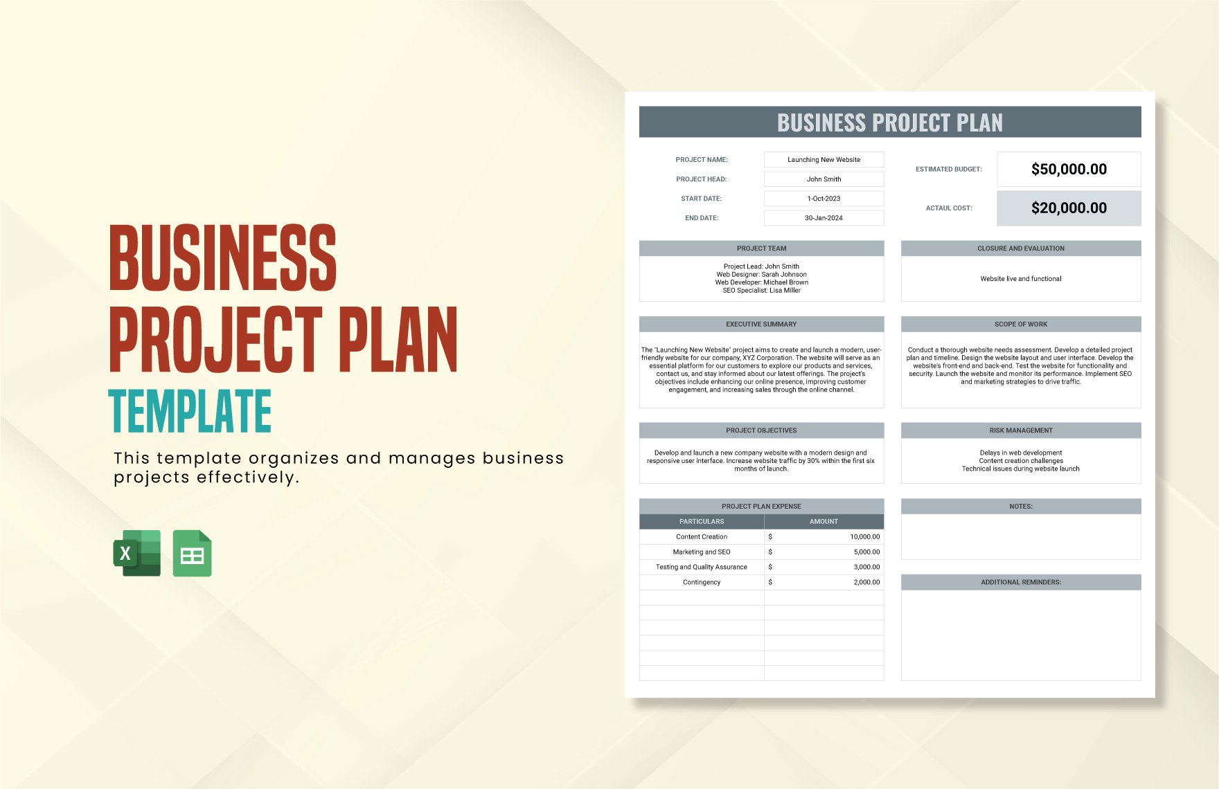 Free Business Project Plan Template in Excel, Google Sheets