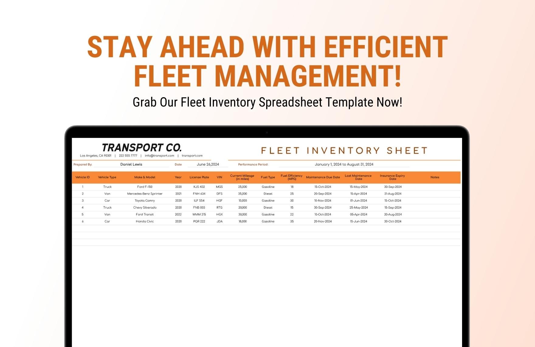 Transport and Logistics Fleet Inventory Spreadsheet Template