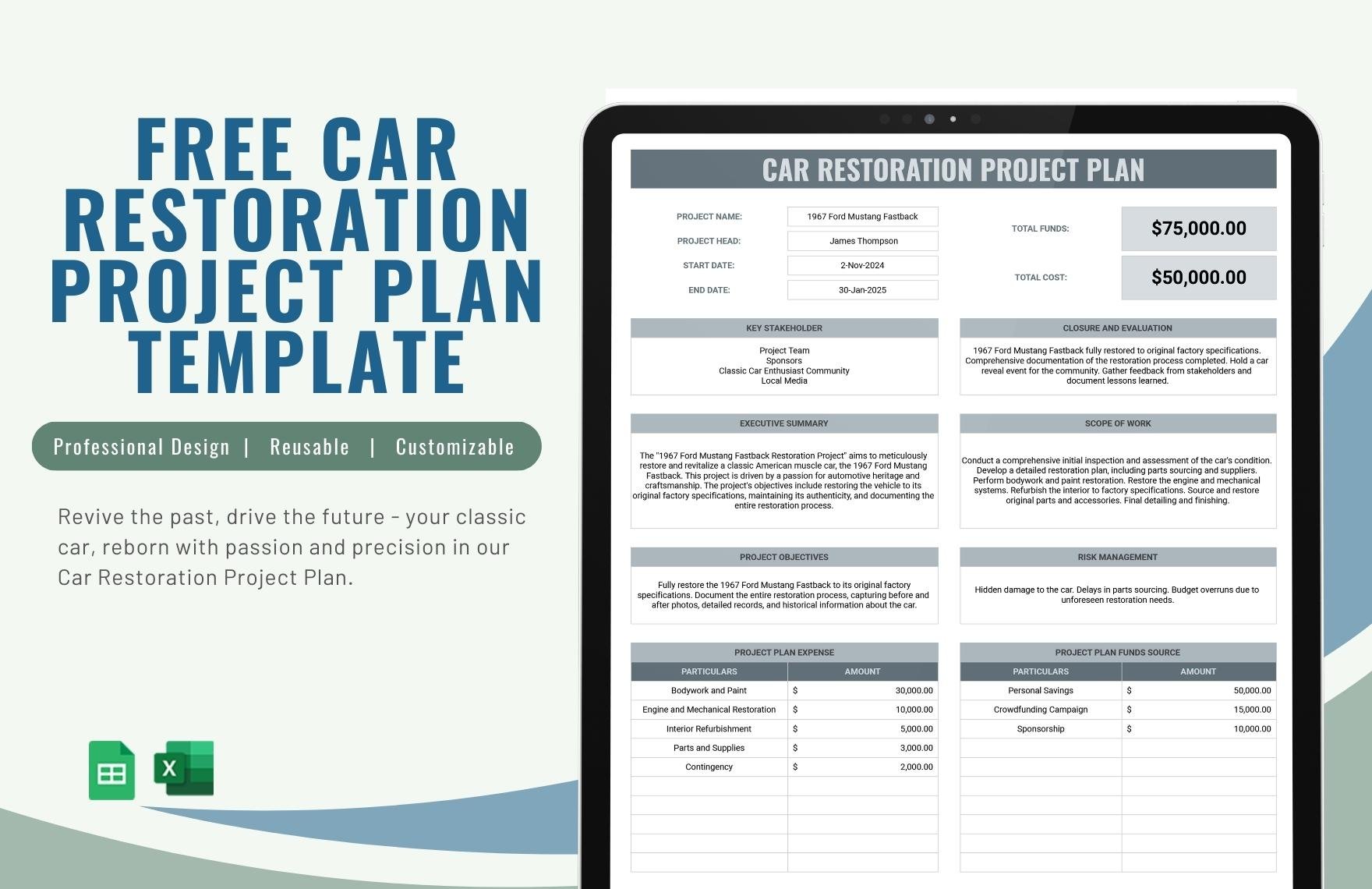 Free Car Restoration Project Plan Template in Excel, Google Sheets