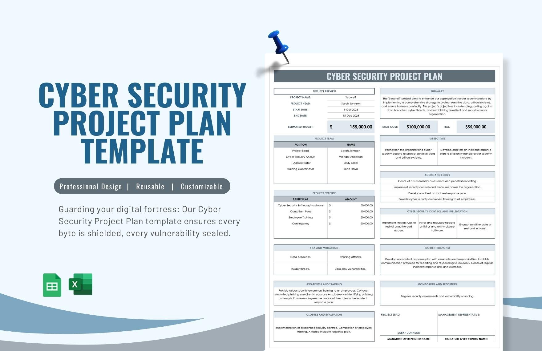 Cyber Security Project Plan Template in Excel, Google Sheets