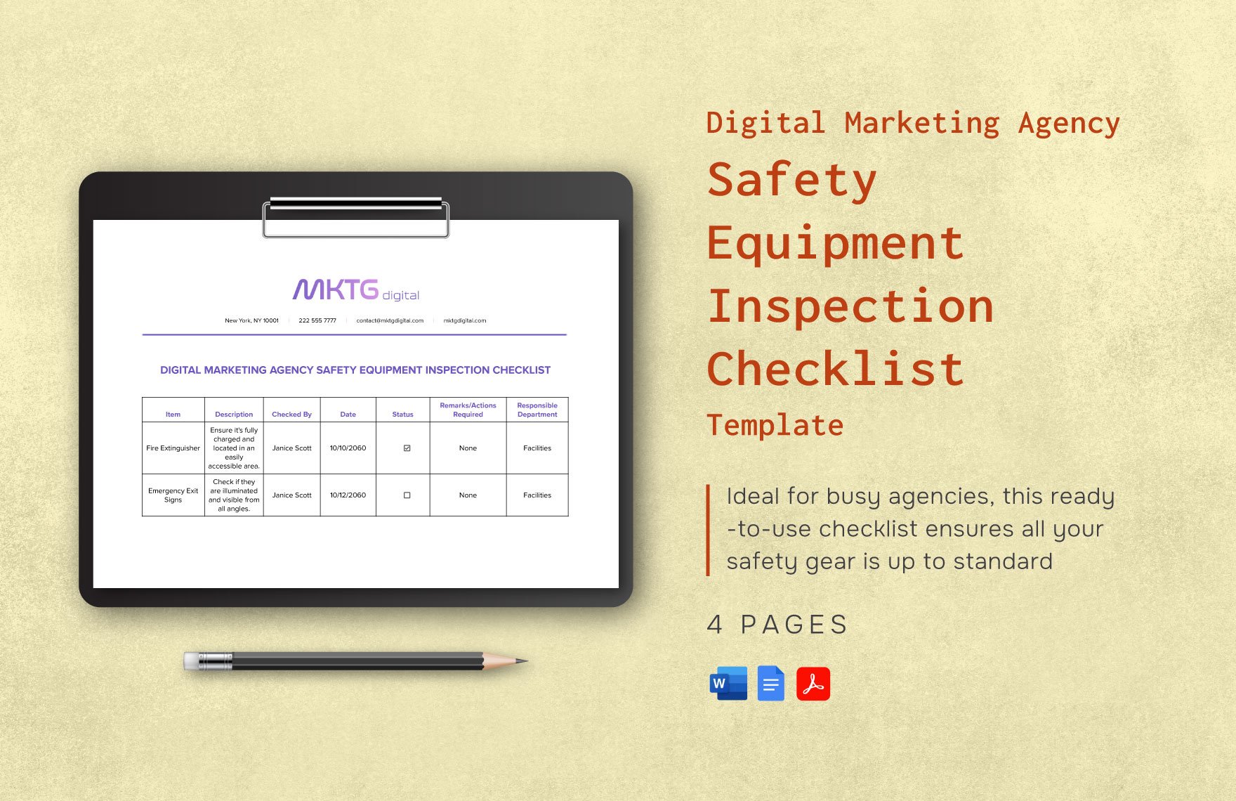 Digital Marketing Agency Safety Equipment Inspection Checklist Template