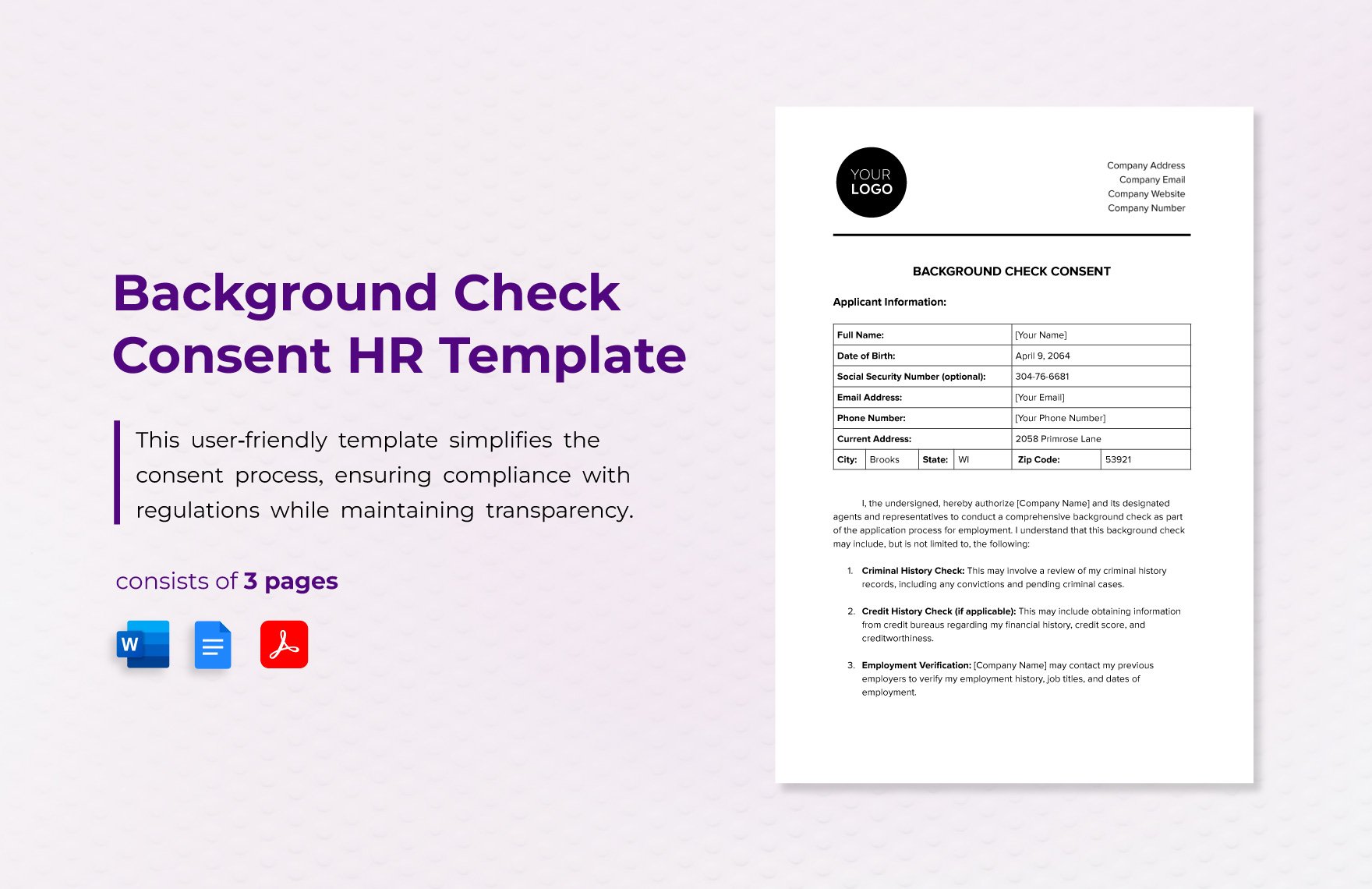 Background Check Consent HR Template in Word, Google Docs, PDF