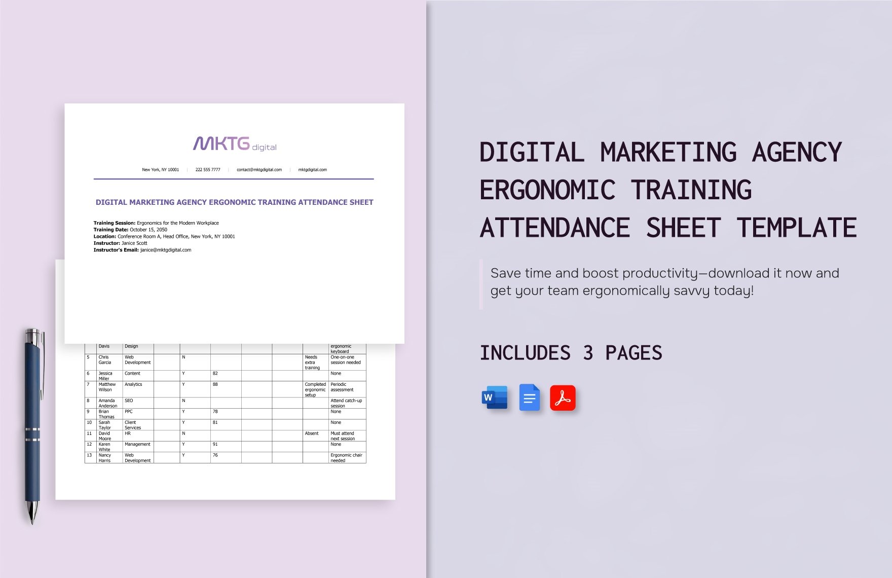 Digital Marketing Agency Ergonomic Training Attendance Sheet Template