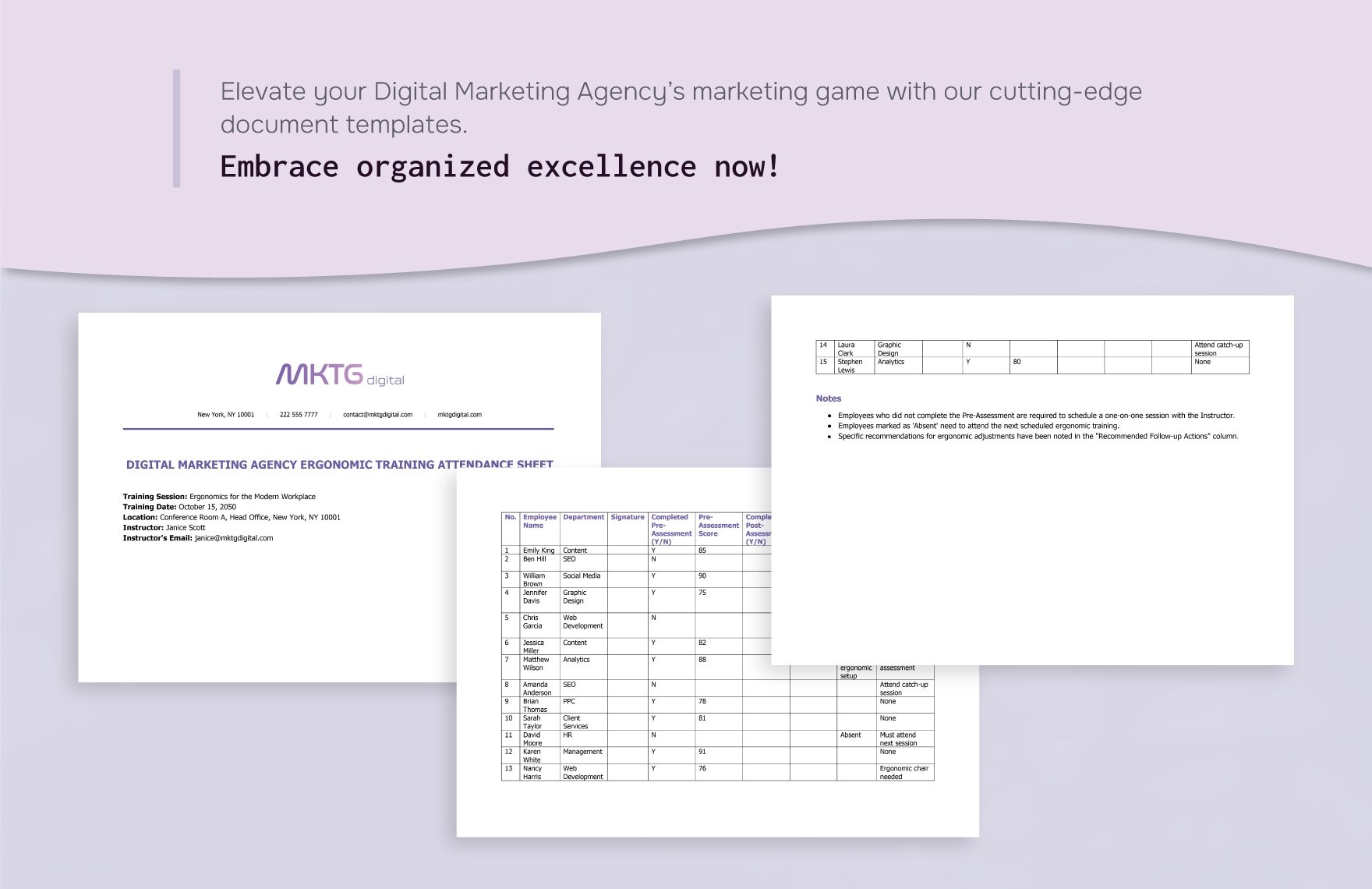 Digital Marketing Agency Ergonomic Training Attendance Sheet Template