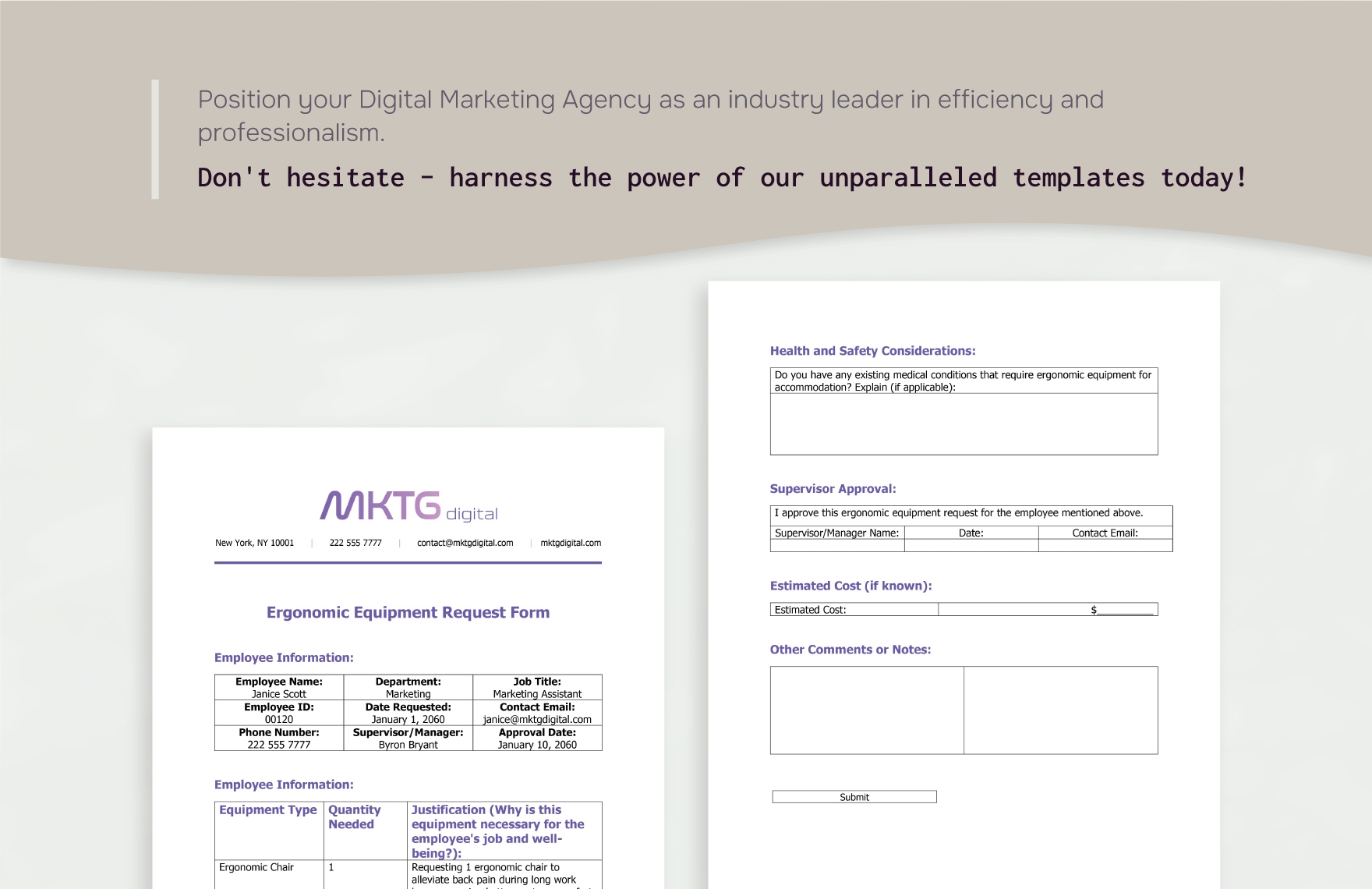 Digital Marketing Agency Ergonomic Equipment Request Form Template