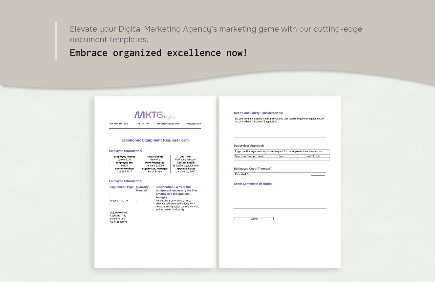 Digital Marketing Agency Ergonomic Equipment Request Form Template
