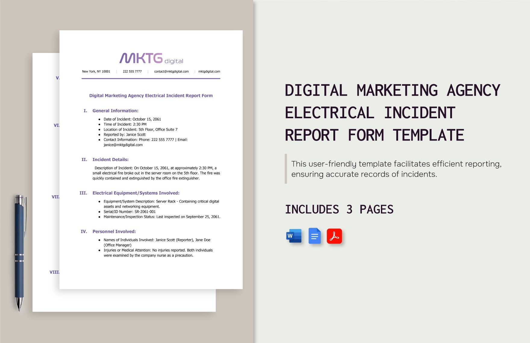 Digital Marketing Agency Electrical Incident Report Form Template