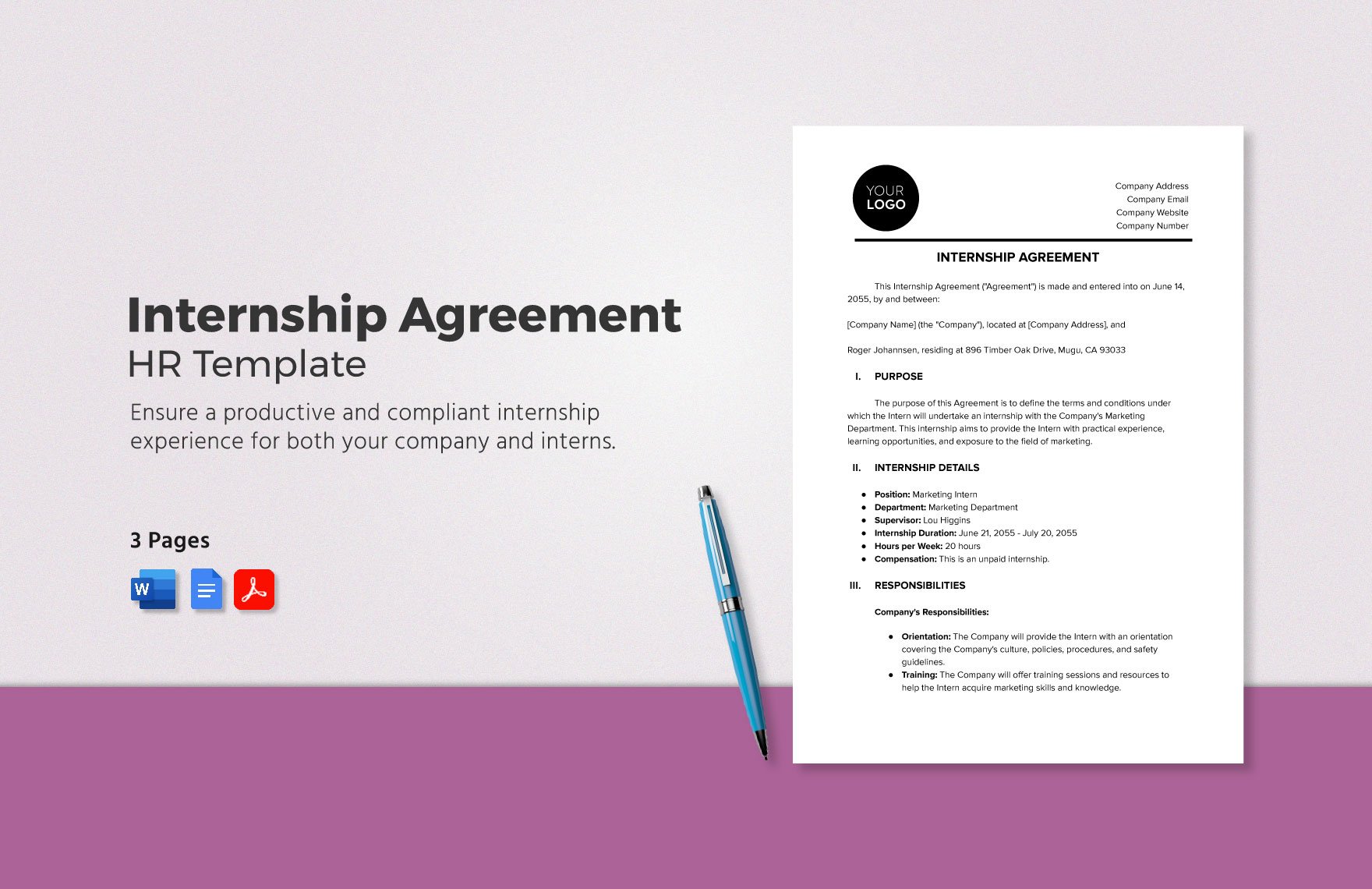 Internship Agreement HR Template in Word, Google Docs, PDF