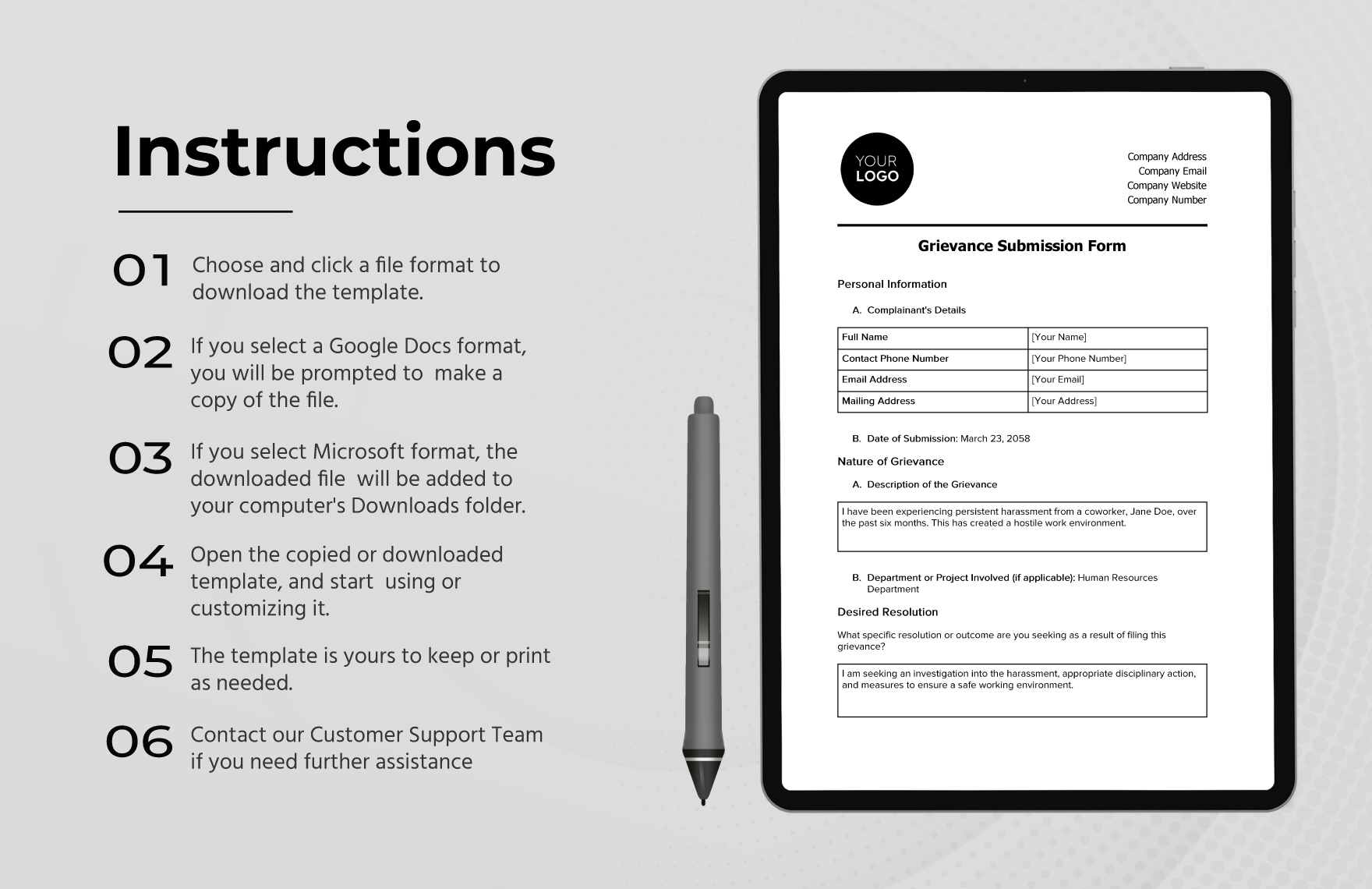 Grievance Submission Form HR Template