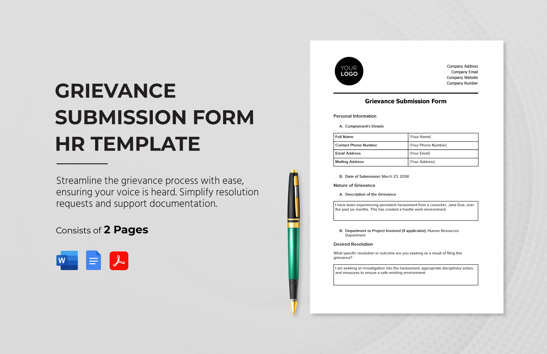 Grievance Submission Form HR Template