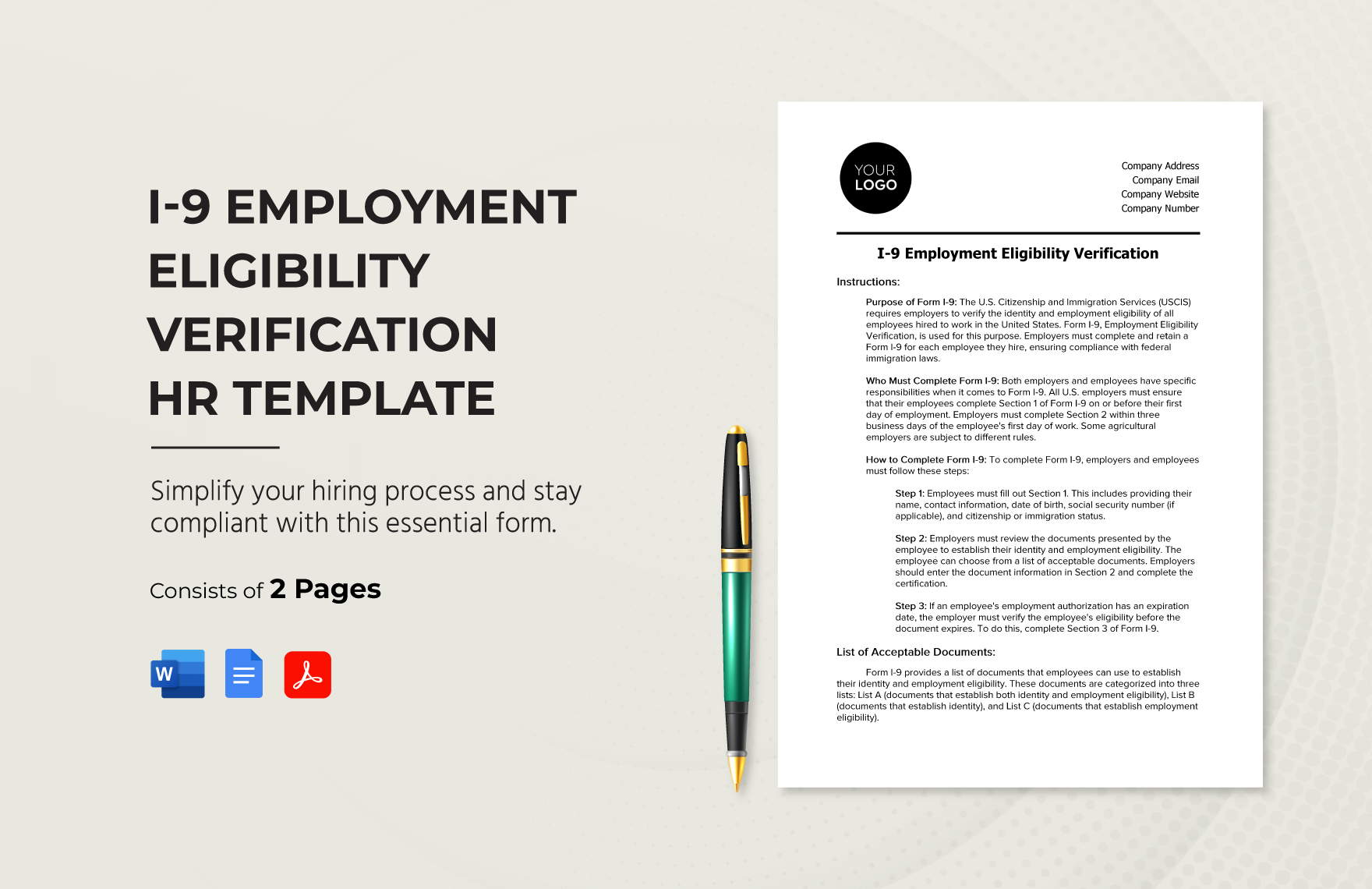 I-9 Employment Eligibility Verification HR Template in Word, Google Docs, PDF