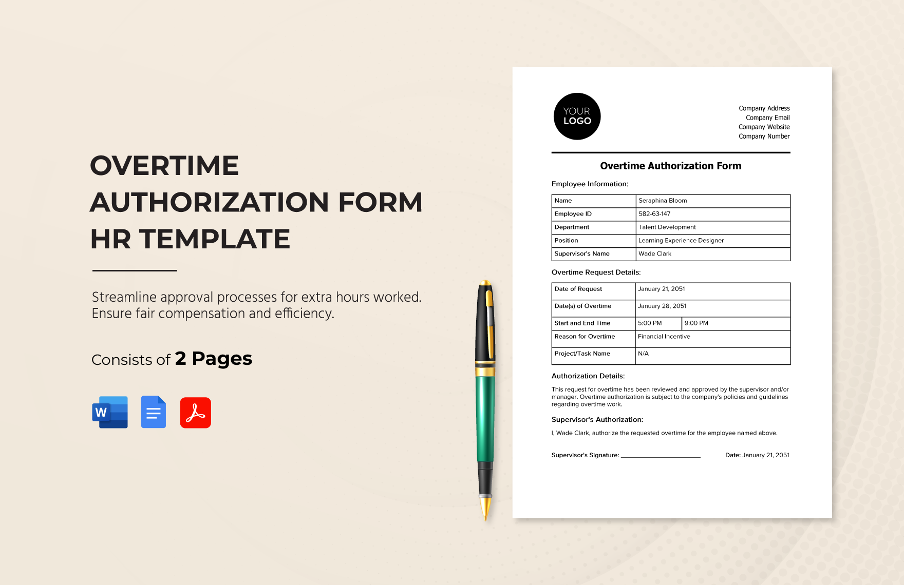 Overtime Authorization Form HR Template
