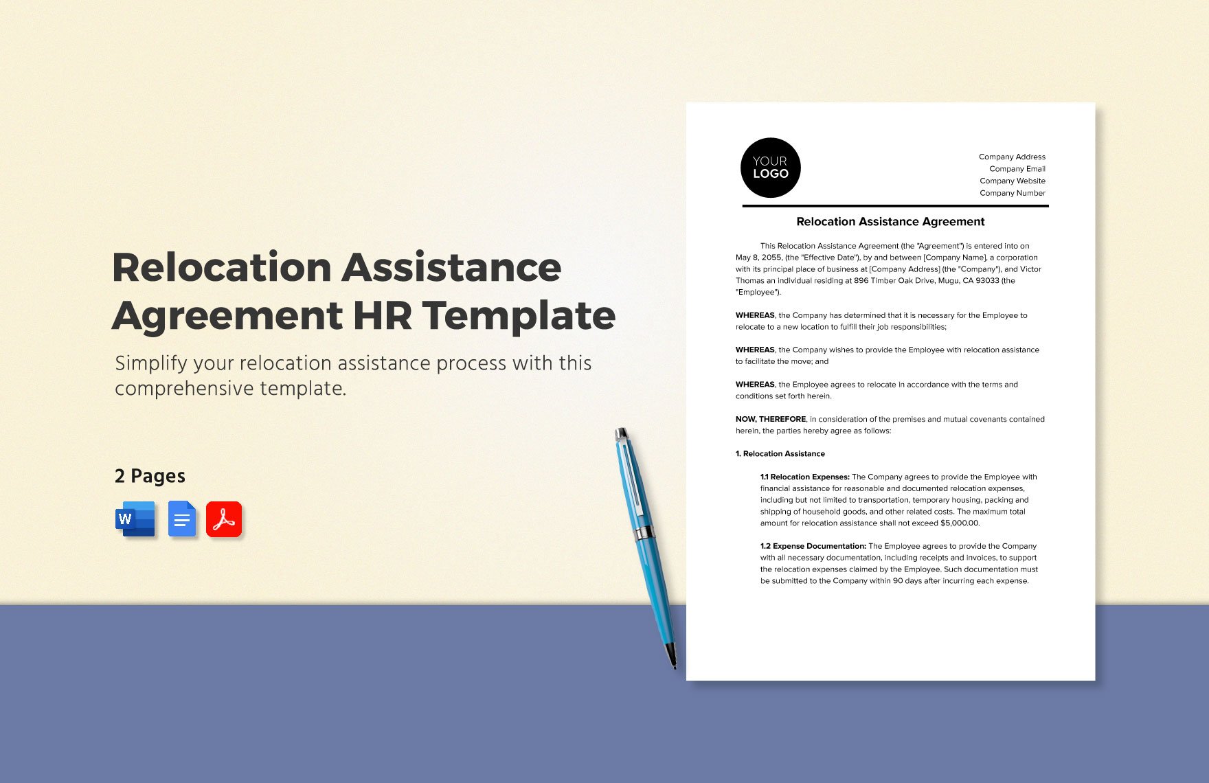 Relocation Assistance Agreement HR Template in Word, Google Docs, PDF