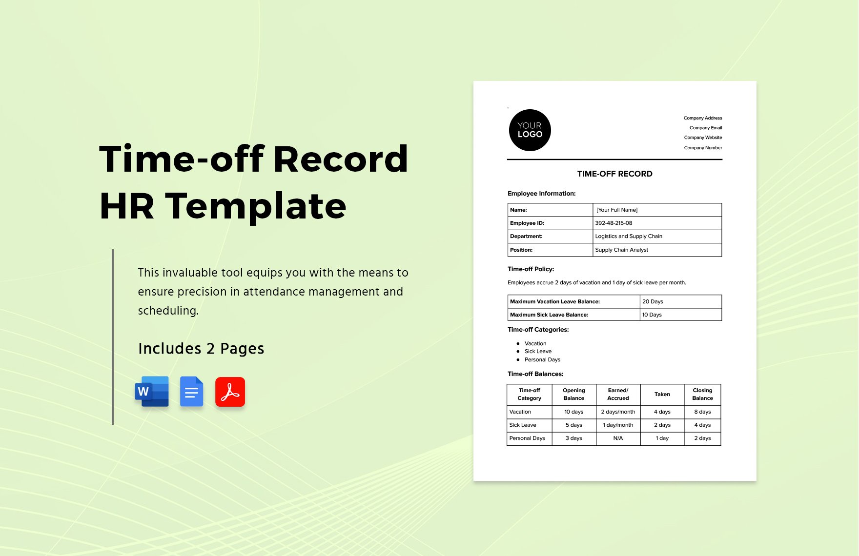 Time-off Record HR Template in Word, Google Docs, PDF