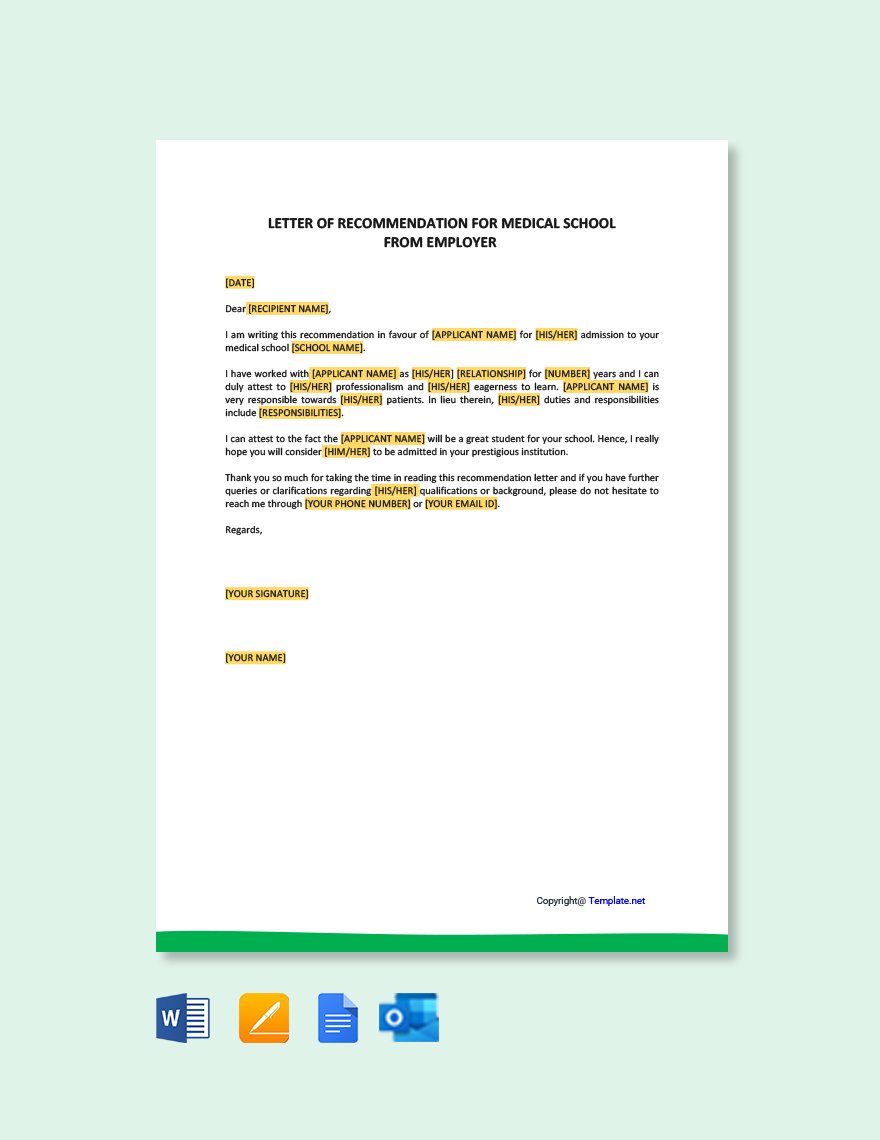 Letter Of Recommendation For Medical School From Employer Template