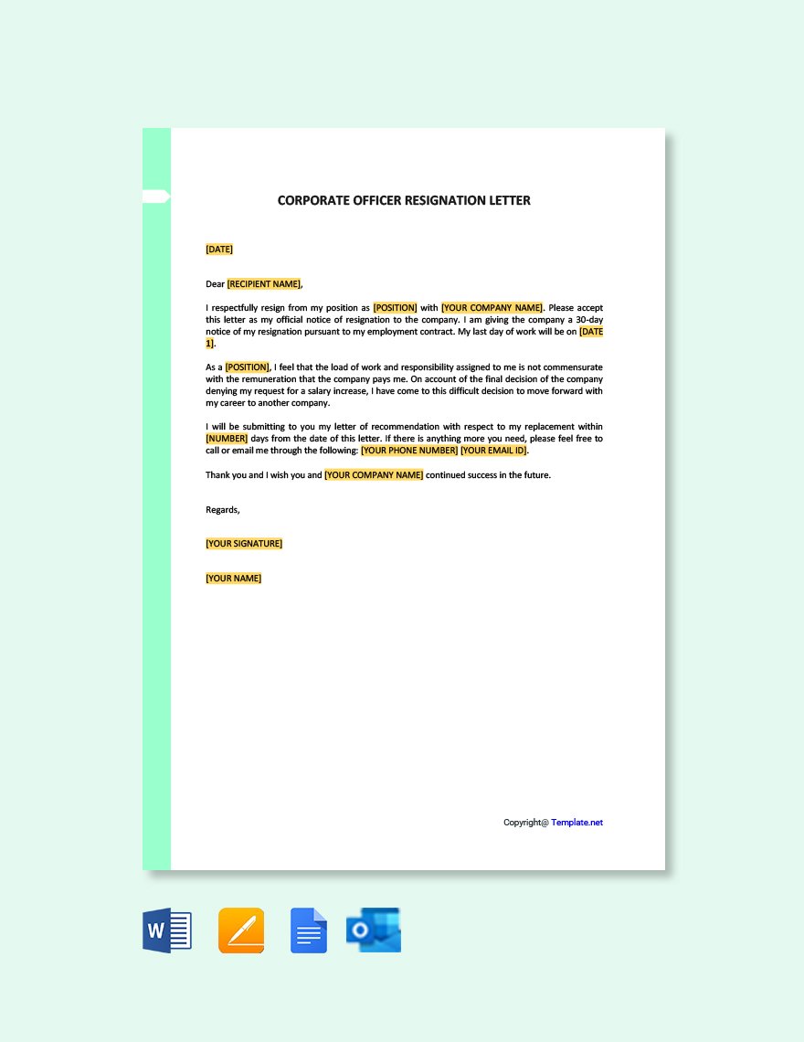 Corporate Officer Resignation Letter in Word, Google Docs, PDF, Apple Pages, Outlook