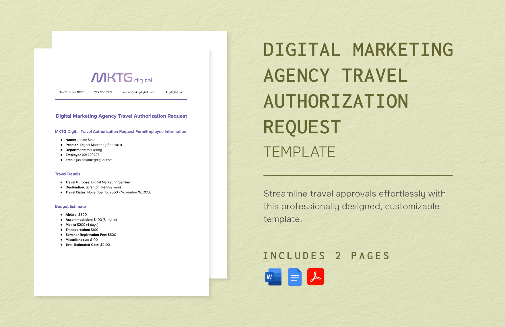 Digital Marketing Agency Travel Authorization Request Template