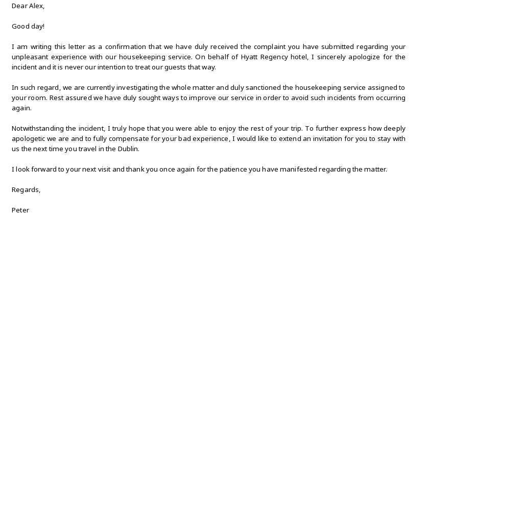 Hotel Apology Letter for Housekeeping Template - Google Docs, Word