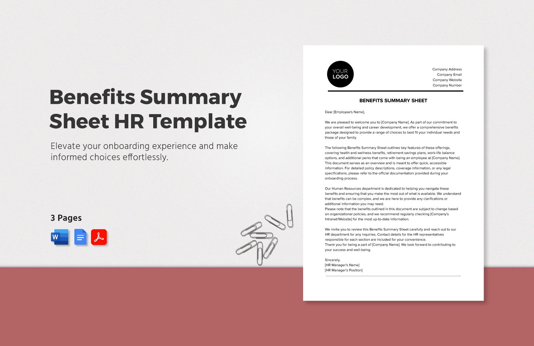 Benefits Summary Sheet HR Template