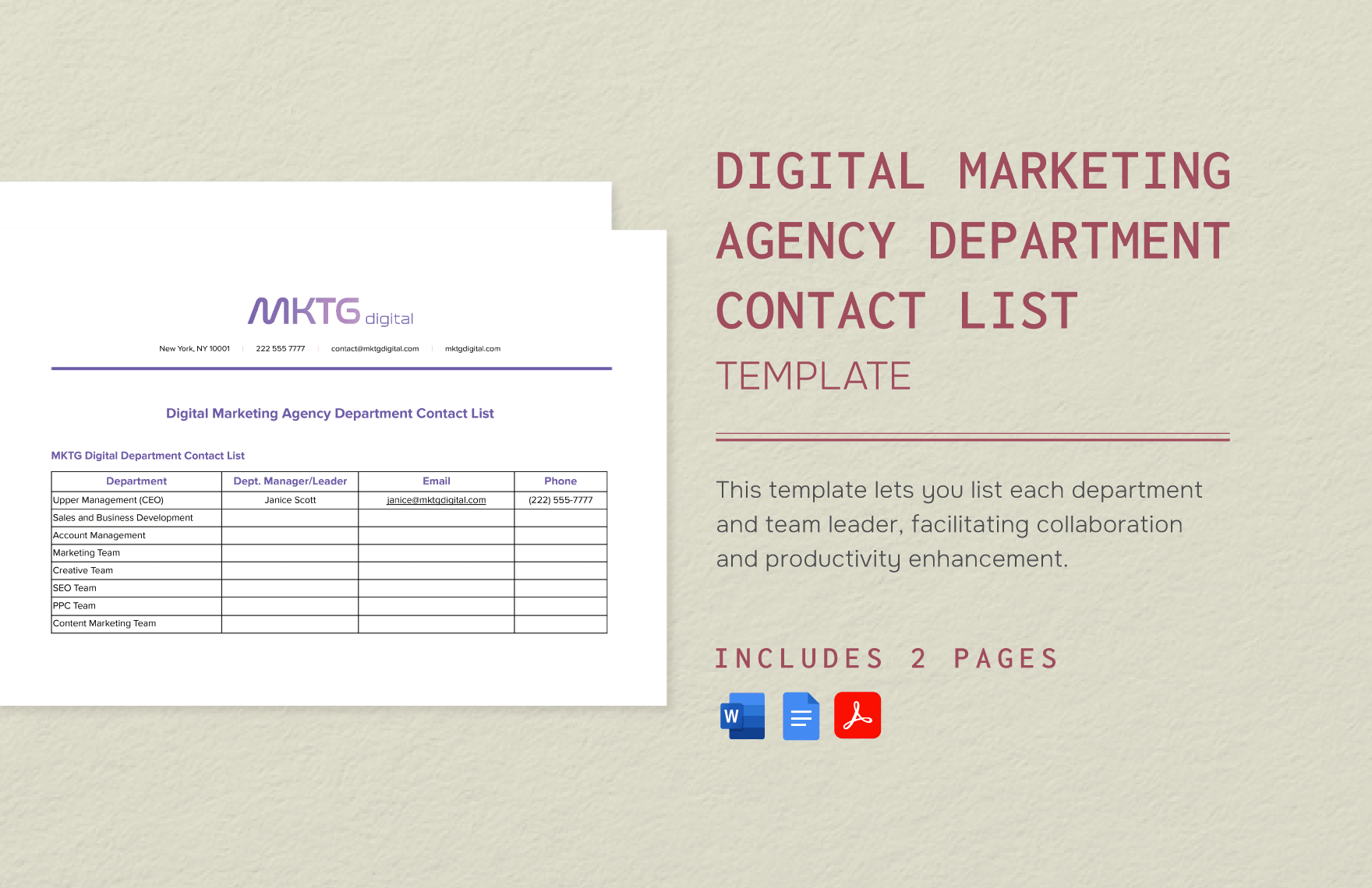 Digital Marketing Agency Department Contact List Template