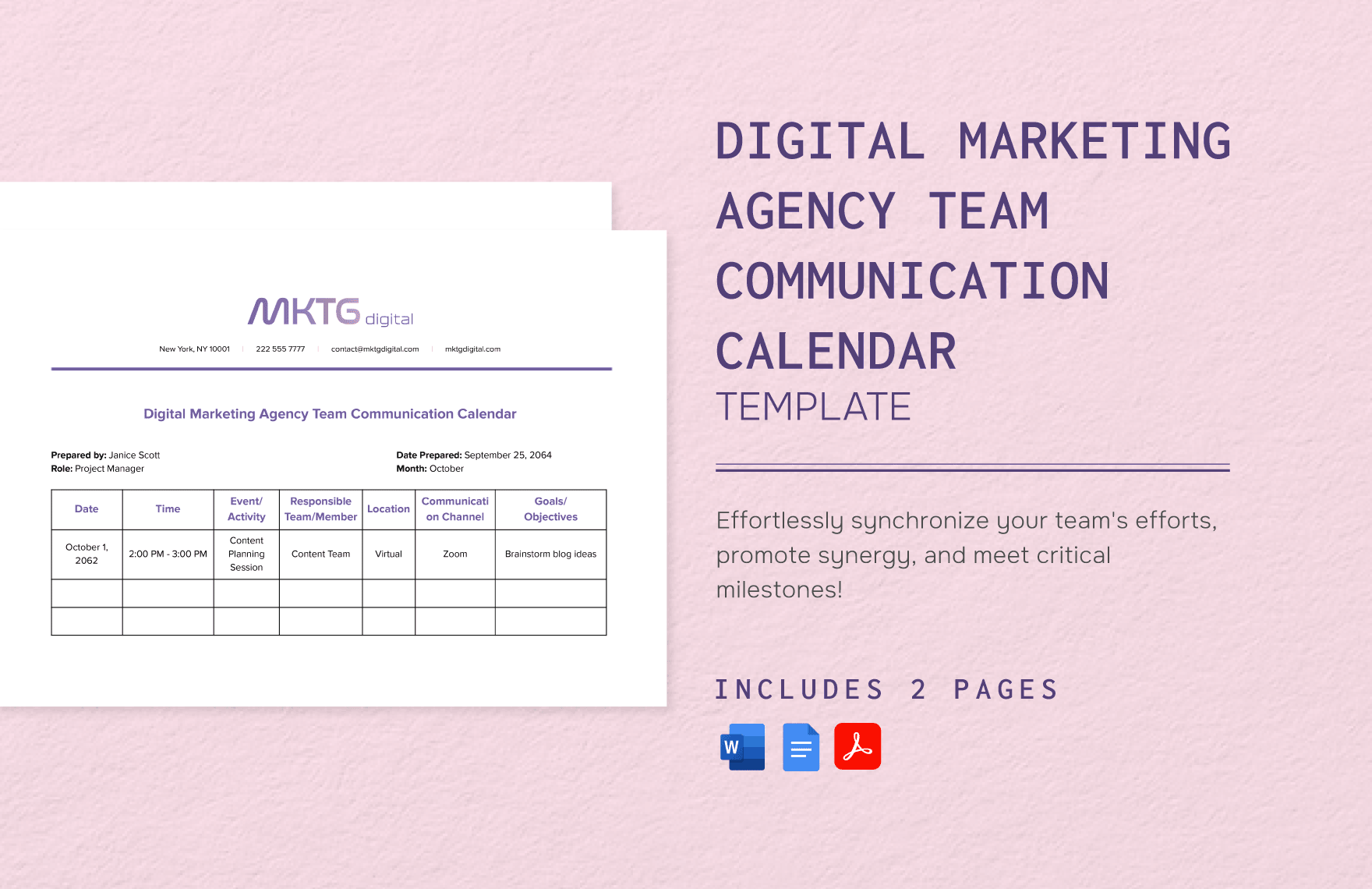 Digital Marketing Agency Team Communication Calendar Template