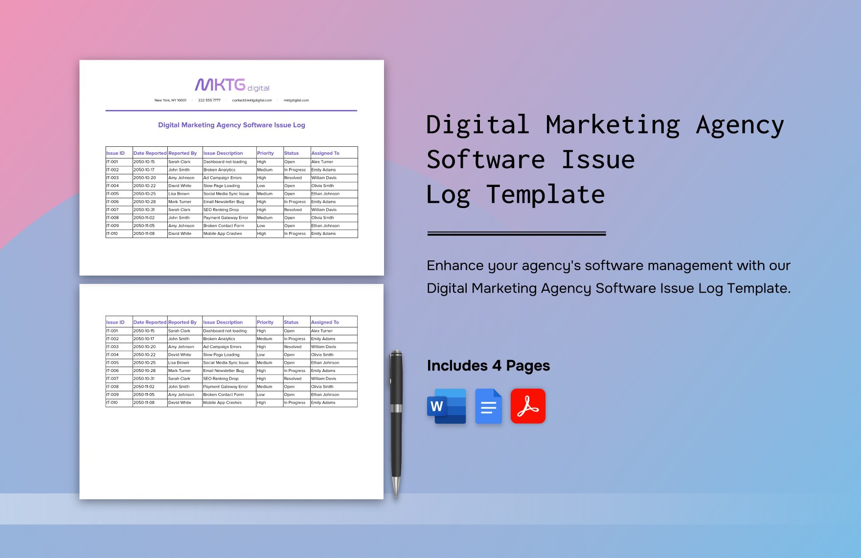 Digital Marketing Agency Software Issue Log Template