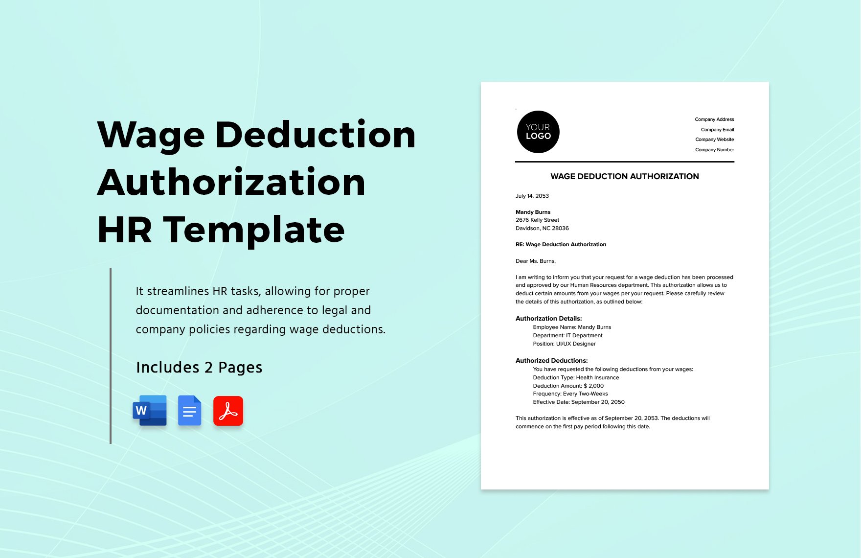 Wage Deduction Authorization HR Template in Word, Google Docs, PDF