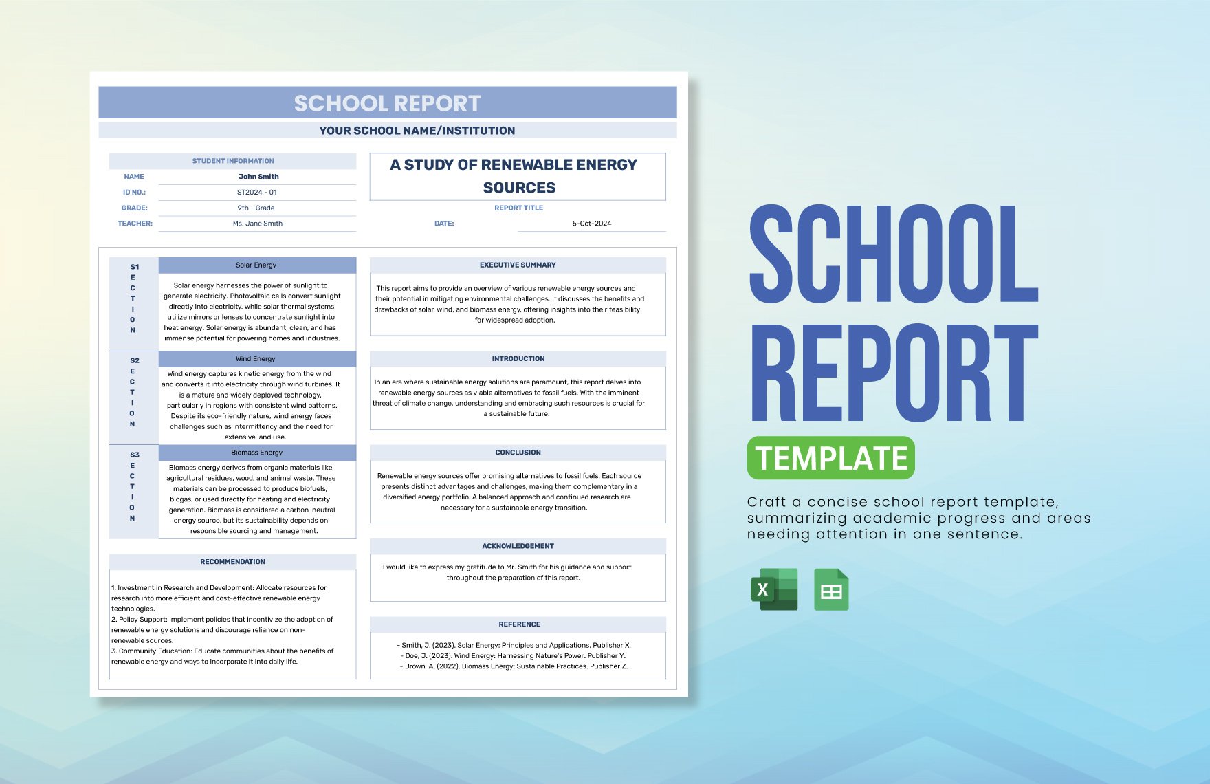 Free School Report Template in Excel, Google Sheets
