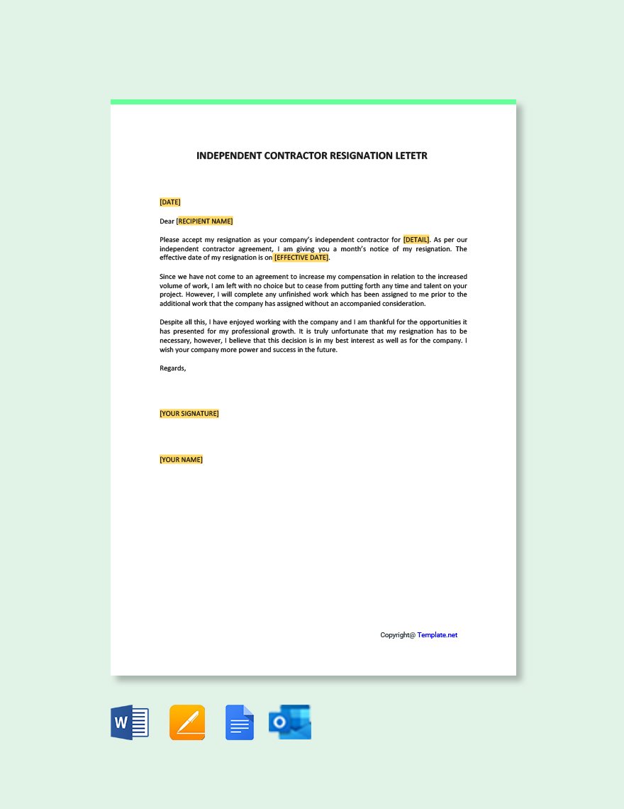 Independent Contractor Resignation Letter in Word, Google Docs, PDF, Apple Pages, Outlook