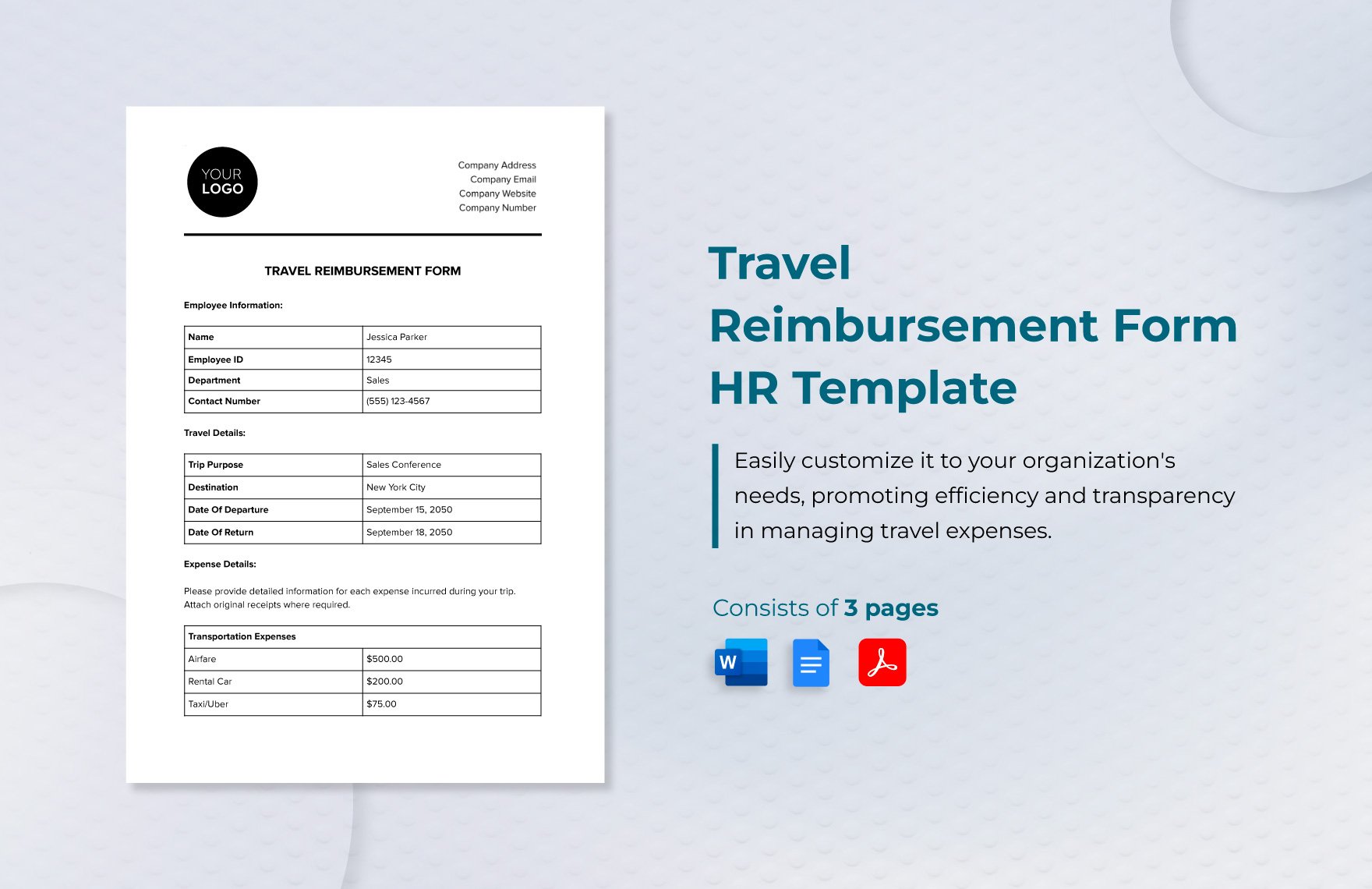 Travel Reimbursement Form HR Template in Word, Google Docs, PDF