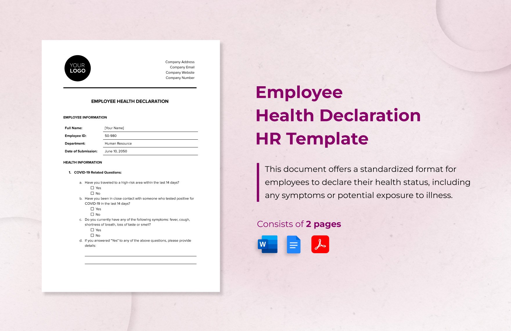 Employee Health Declaration HR Template in Word, Google Docs, PDF