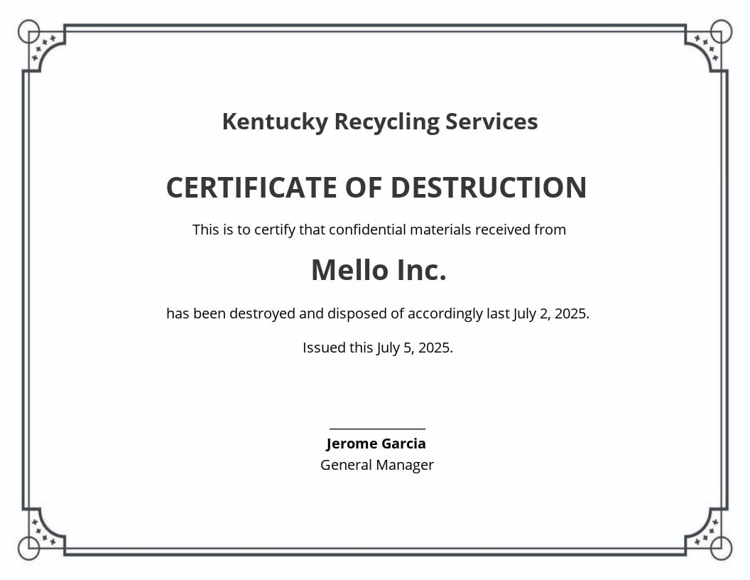 Certificate of Destruction Template - Google Docs, Illustrator With Free Certificate Of Destruction Template