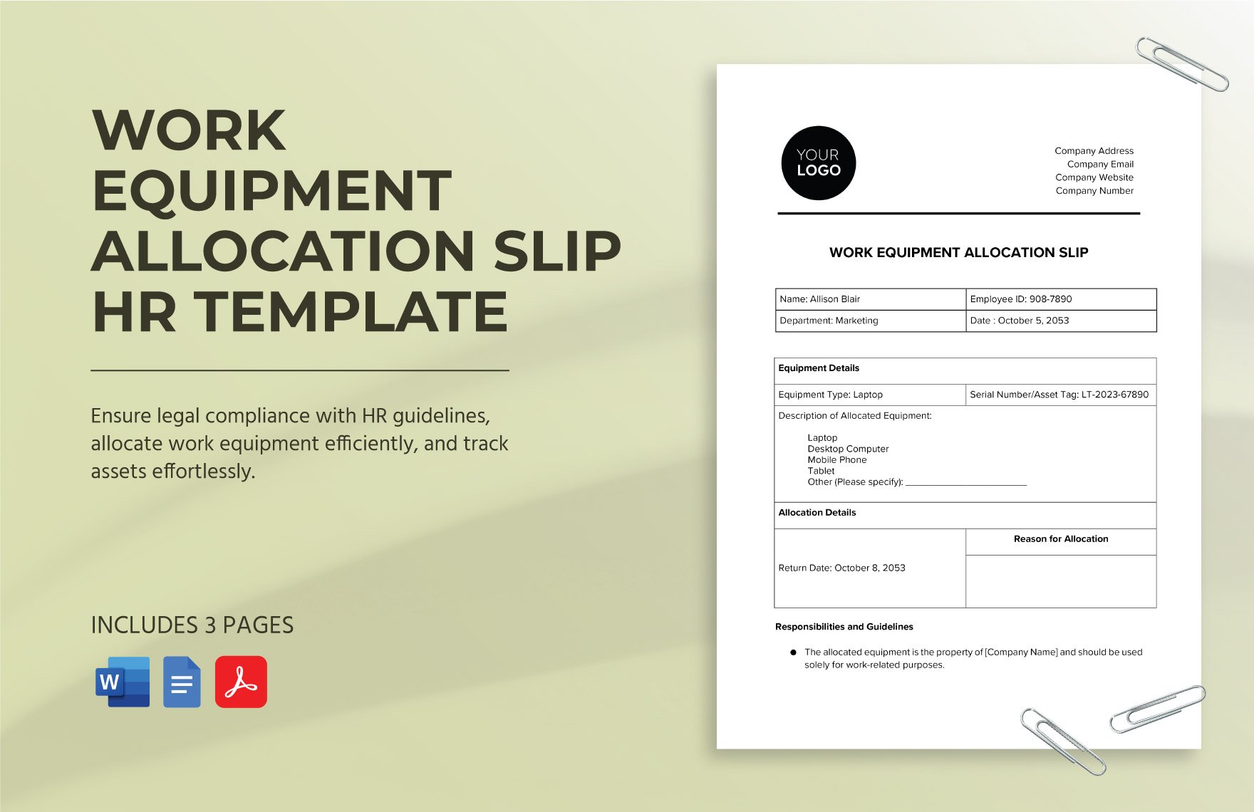 Work Equipment Allocation Slip HR Template