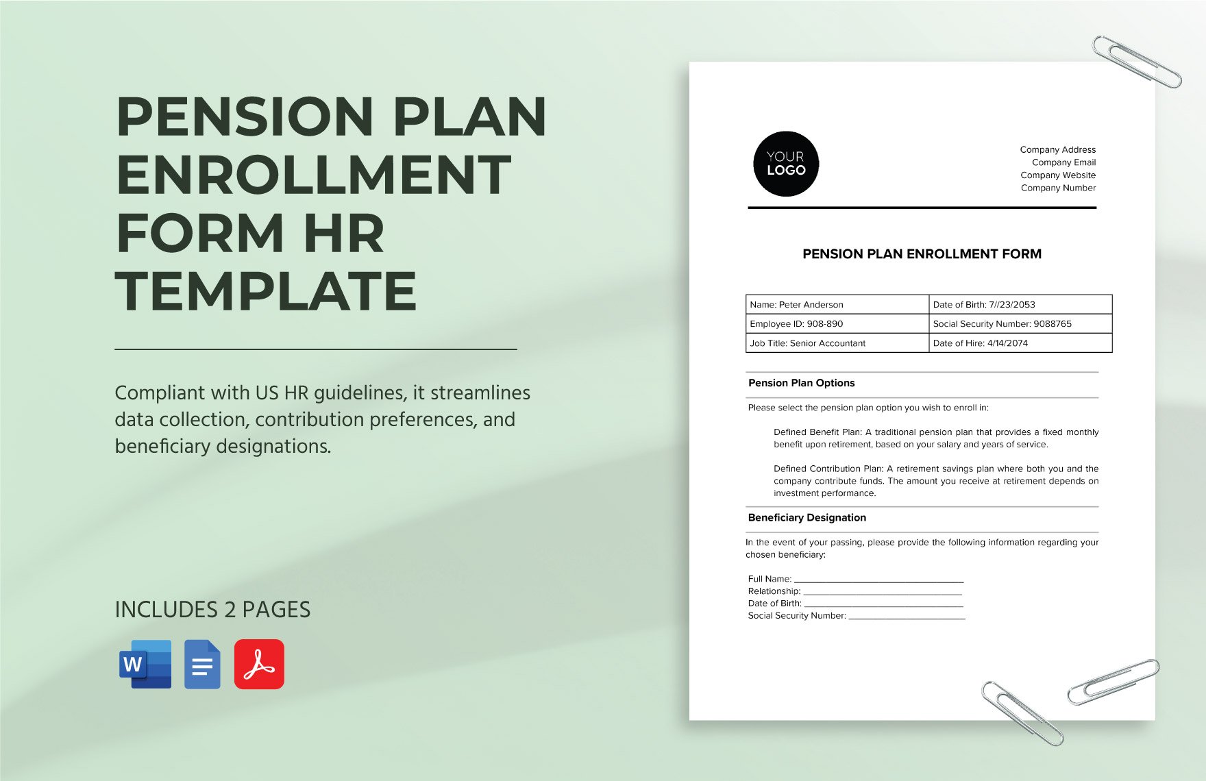 Pension Plan Enrollment Form HR Template in Word, Google Docs, PDF